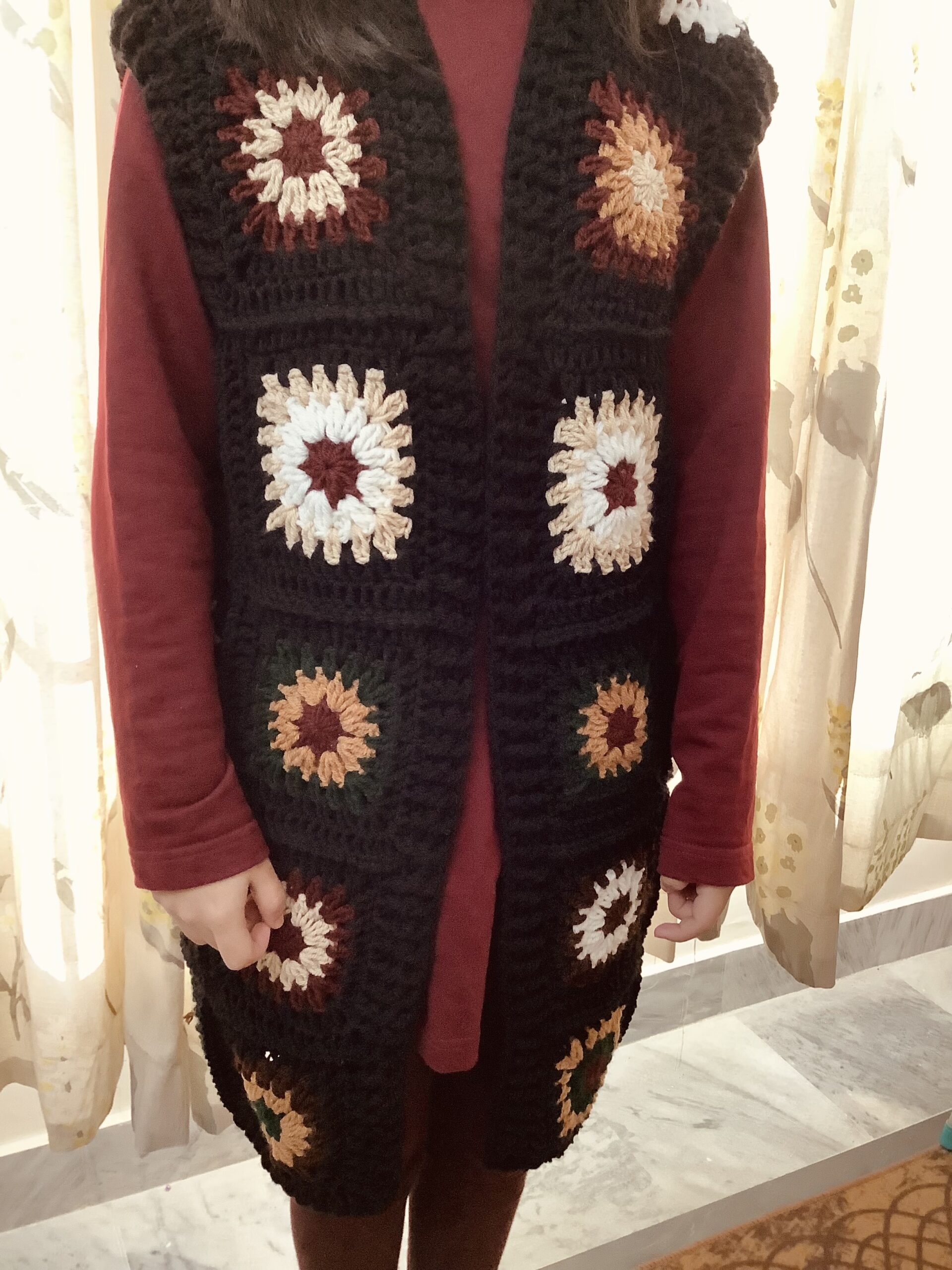 Hand Crocheted Granny Square Brown Shade Cardigan - Image 2