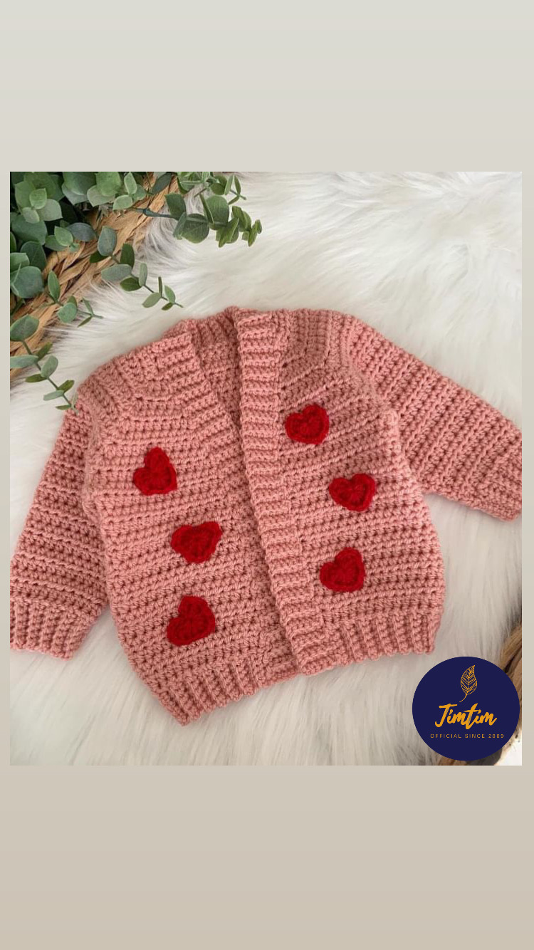 Sweetheart Style: Crochet Full Sleeves Pink Sweater with Red Hearts for Baby Girl
