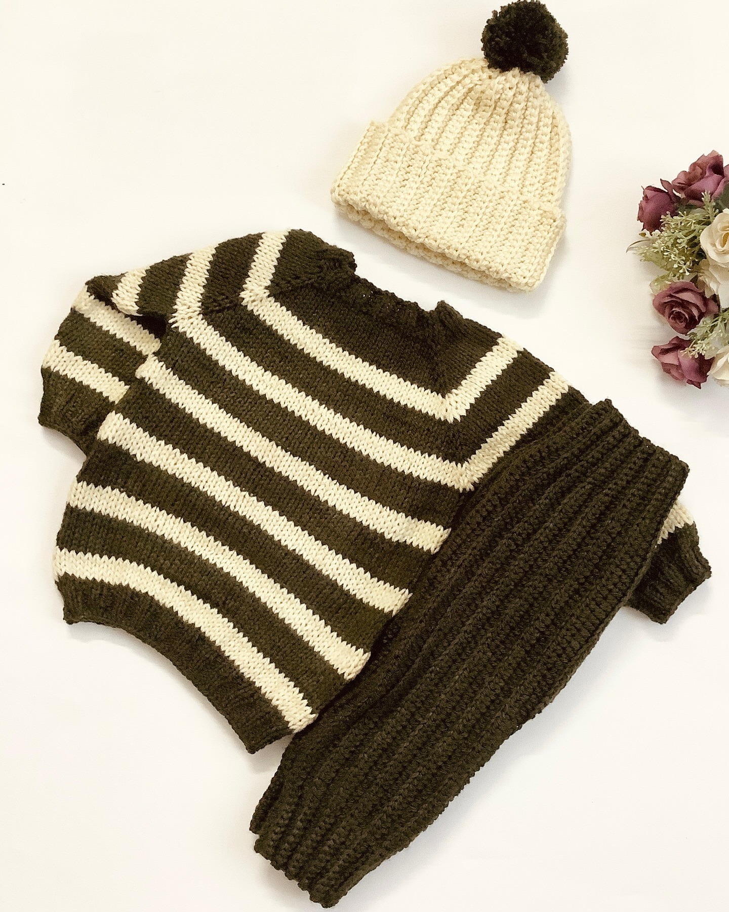 Hand-Crocheted Striped Sweater and Pajama Set with Matching Cap