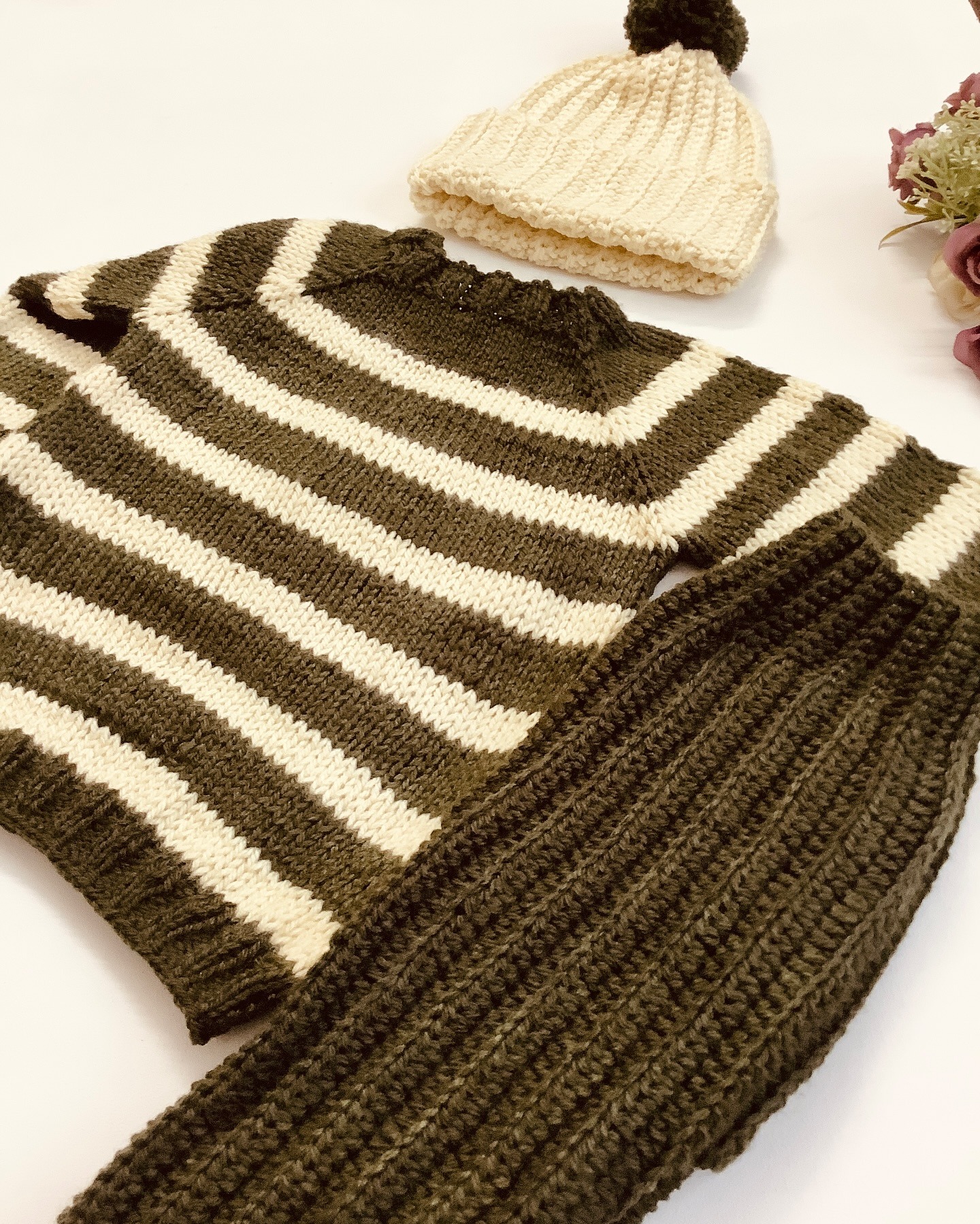 Hand-Crocheted Striped Sweater and Pajama Set with Matching Cap - Image 3