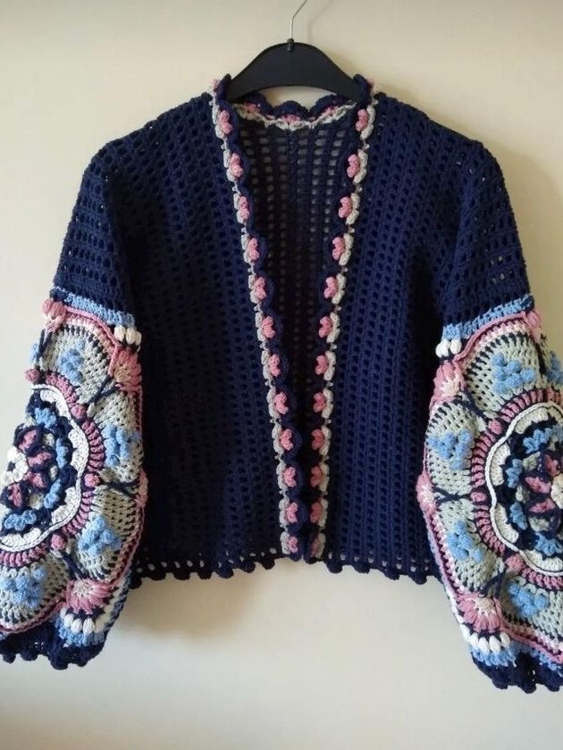 Ladies Sweater with Handmade 3D Crochet on Sleeves