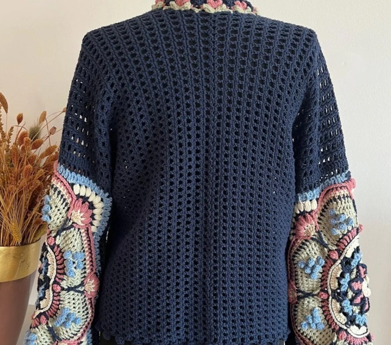 Ladies Sweater with Handmade 3D Crochet on Sleeves